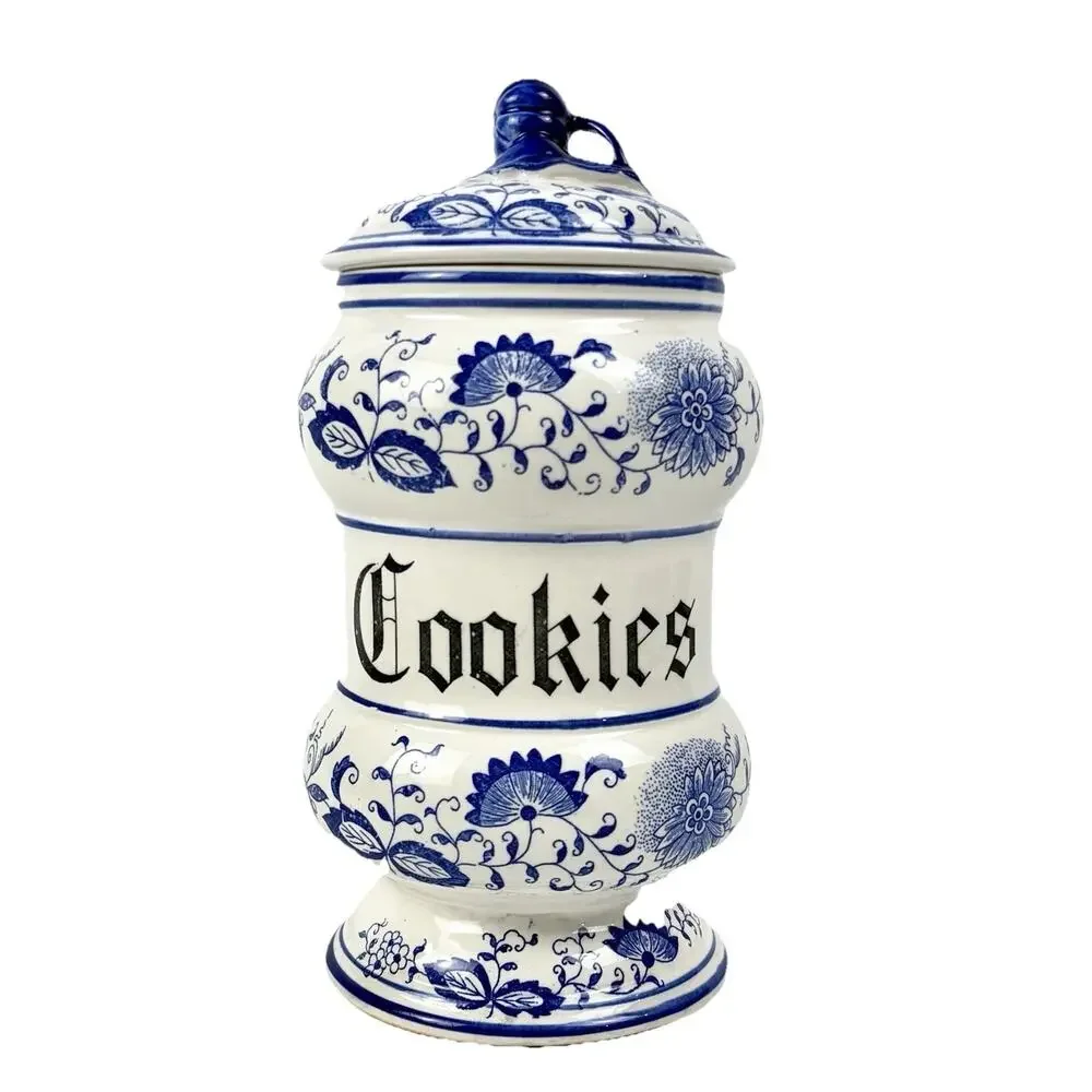 VTG Arnart Blue Onion Danube Ceramic Cookie Canister Jar w/Lid White Floral Blue